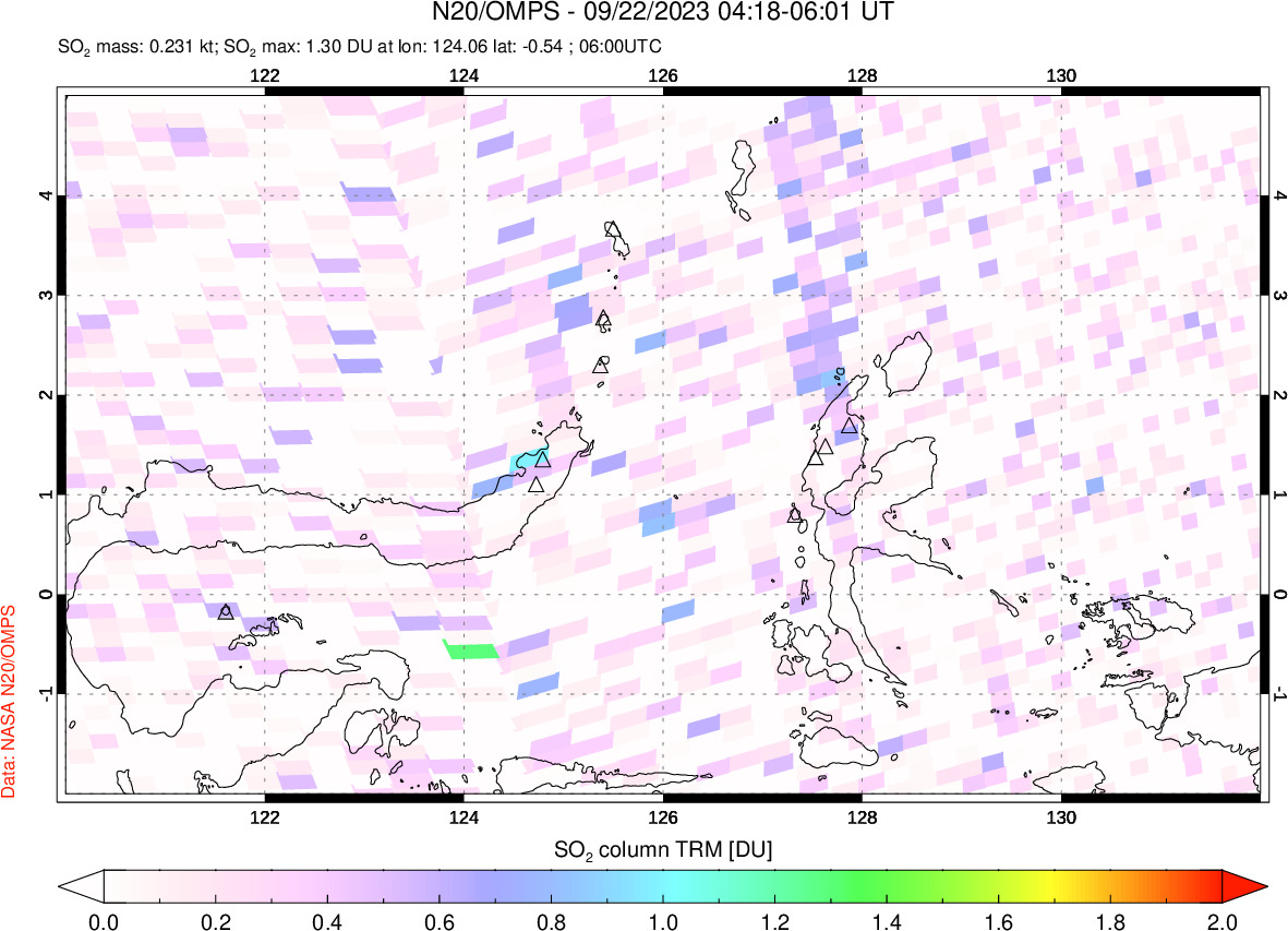 A sulfur dioxide image over Northern Sulawesi & Halmahera, Indonesia on Sep 22, 2023.