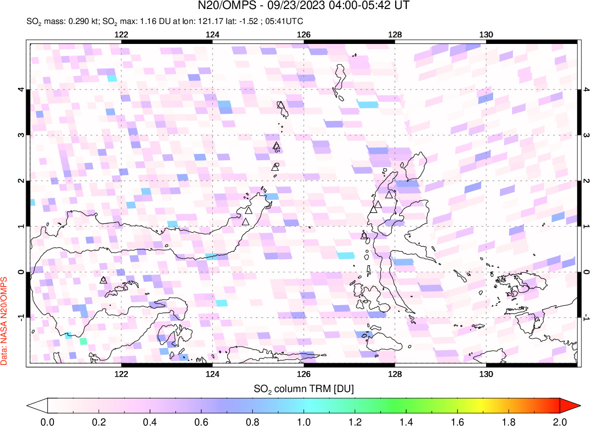 A sulfur dioxide image over Northern Sulawesi & Halmahera, Indonesia on Sep 23, 2023.