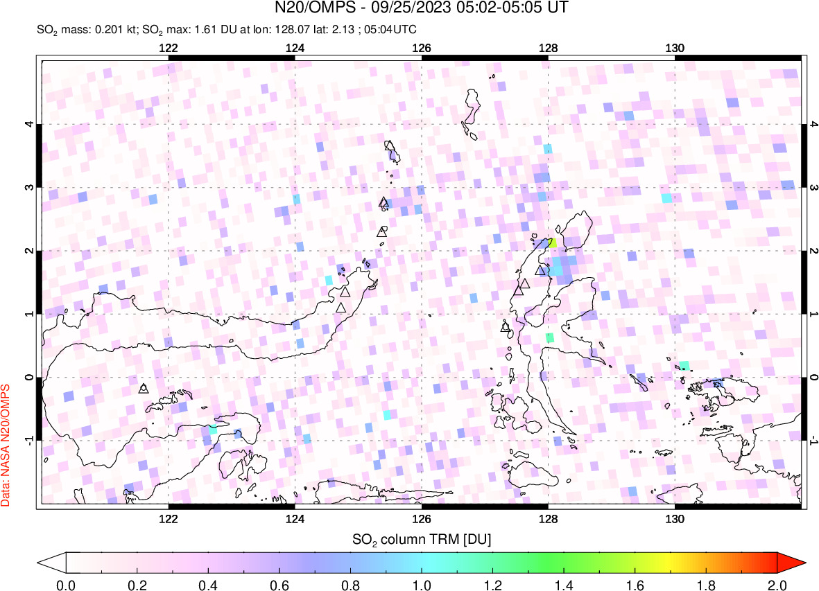 A sulfur dioxide image over Northern Sulawesi & Halmahera, Indonesia on Sep 25, 2023.