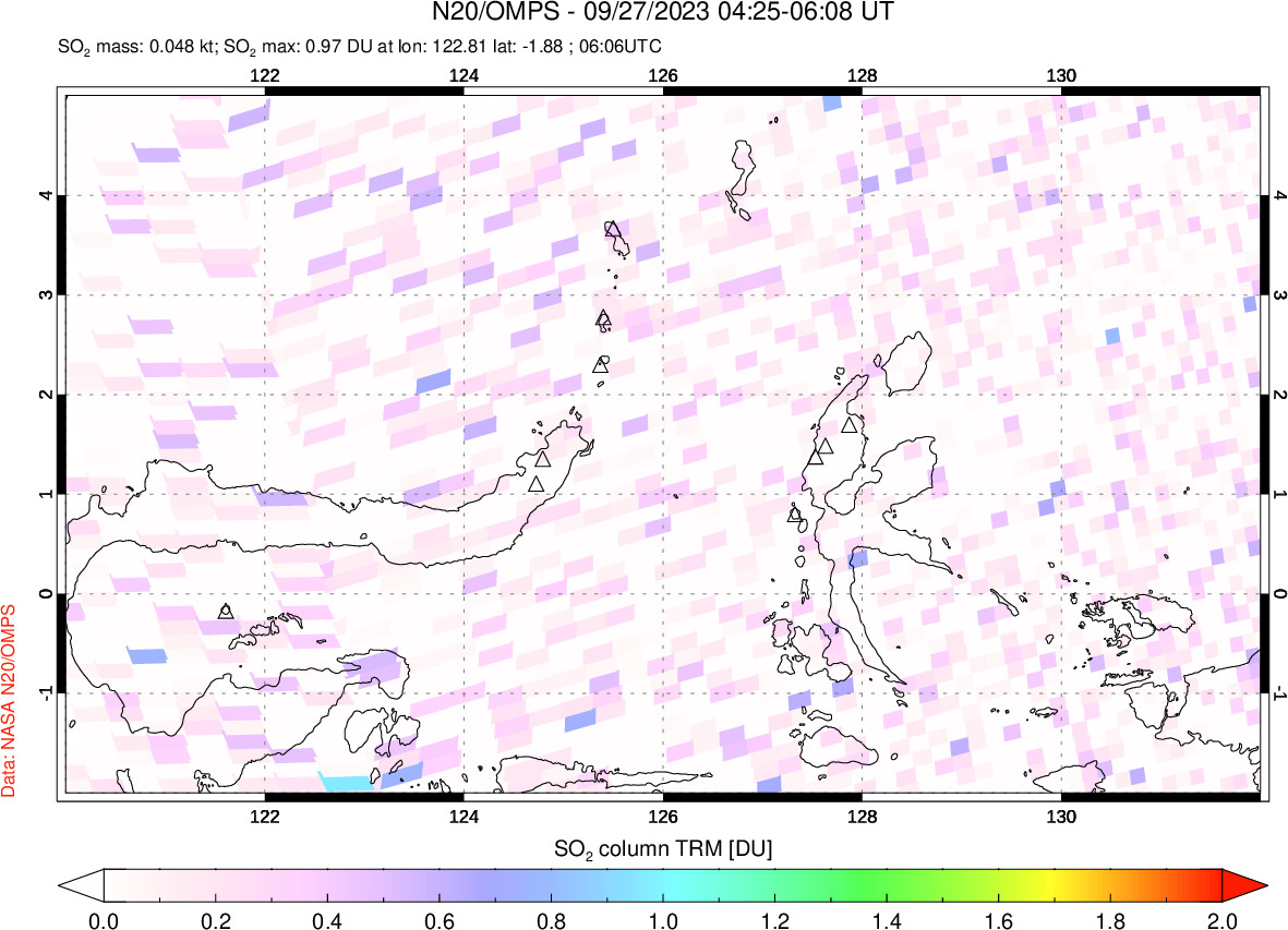 A sulfur dioxide image over Northern Sulawesi & Halmahera, Indonesia on Sep 27, 2023.