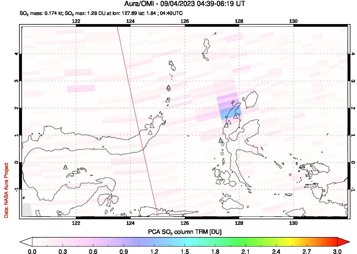 A sulfur dioxide image over Northern Sulawesi & Halmahera, Indonesia on Sep 04, 2023.