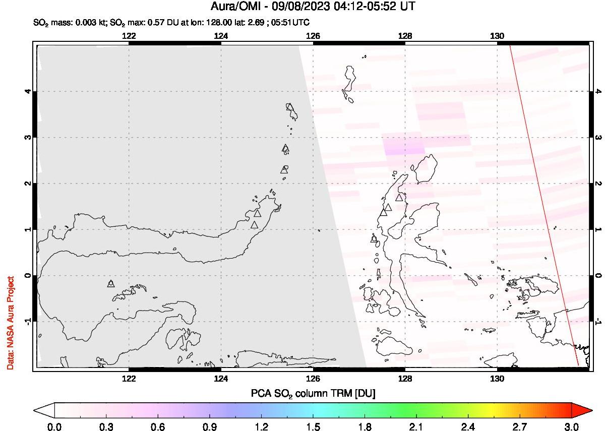A sulfur dioxide image over Northern Sulawesi & Halmahera, Indonesia on Sep 08, 2023.