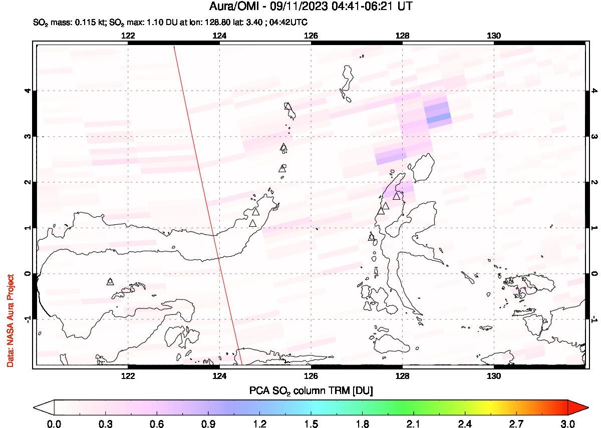 A sulfur dioxide image over Northern Sulawesi & Halmahera, Indonesia on Sep 11, 2023.