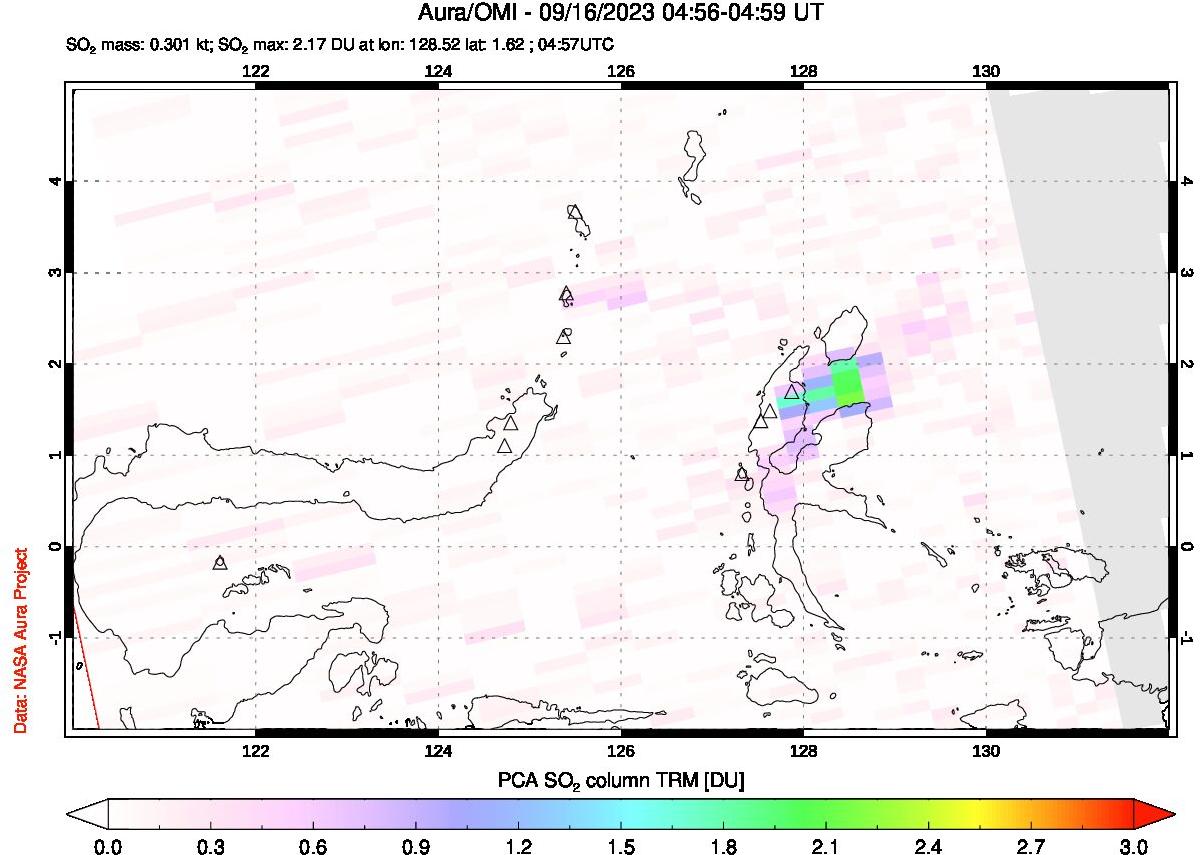 A sulfur dioxide image over Northern Sulawesi & Halmahera, Indonesia on Sep 16, 2023.