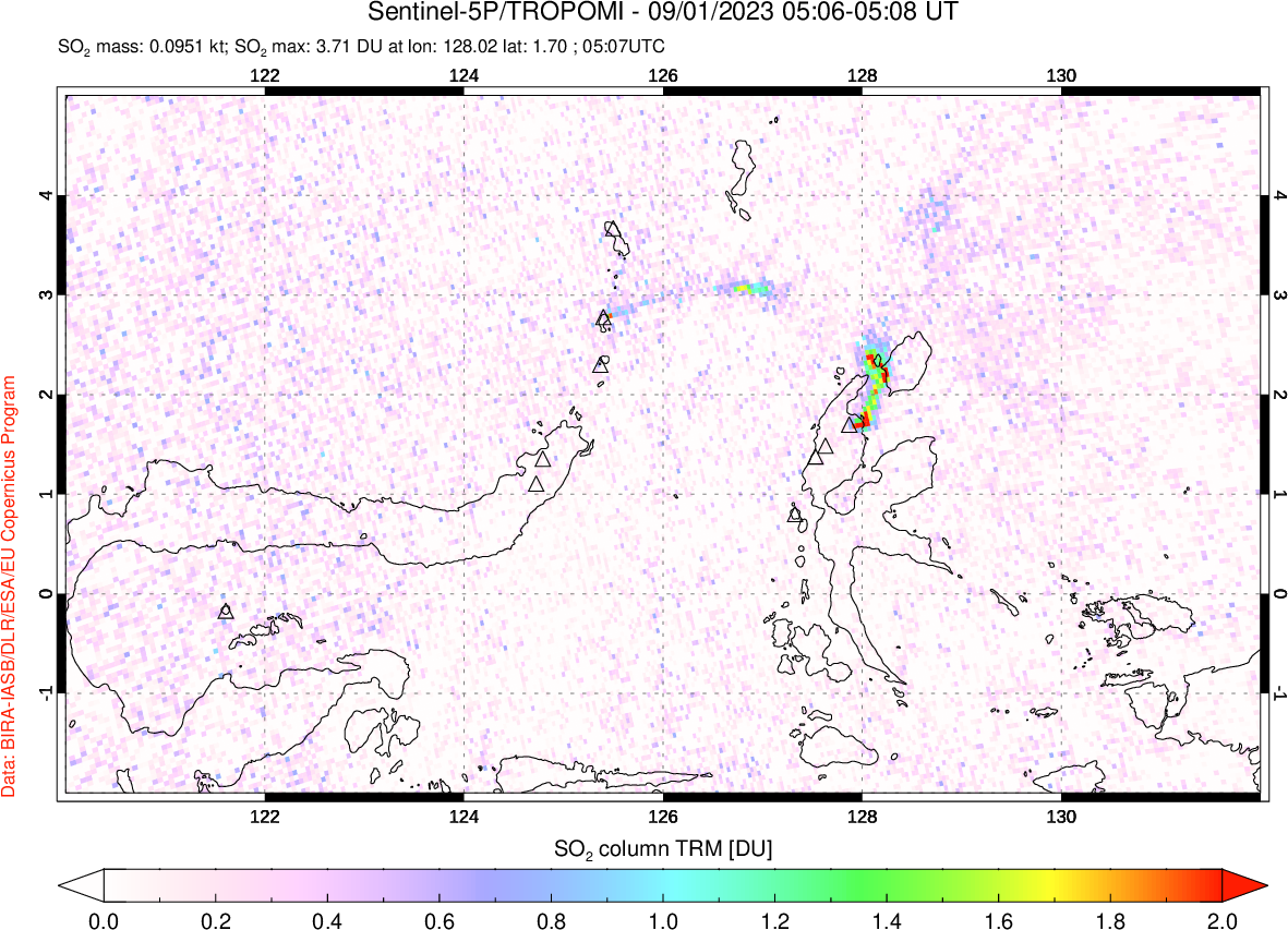 A sulfur dioxide image over Northern Sulawesi & Halmahera, Indonesia on Sep 01, 2023.