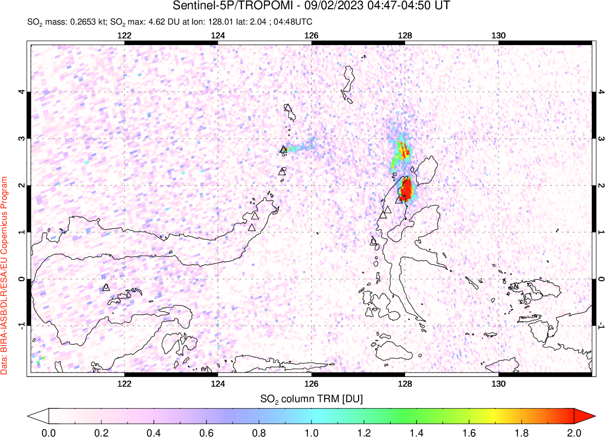 A sulfur dioxide image over Northern Sulawesi & Halmahera, Indonesia on Sep 02, 2023.