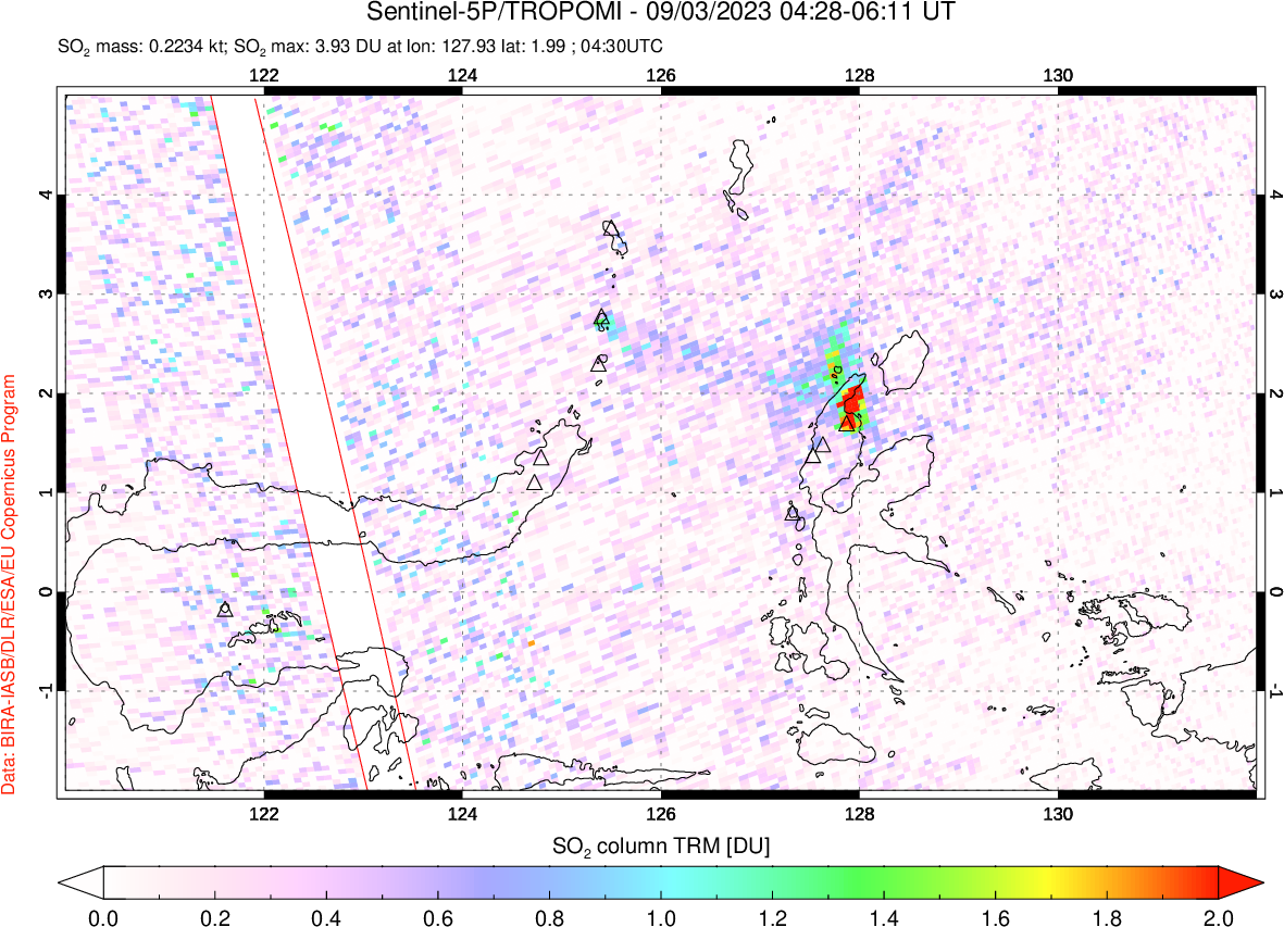 A sulfur dioxide image over Northern Sulawesi & Halmahera, Indonesia on Sep 03, 2023.