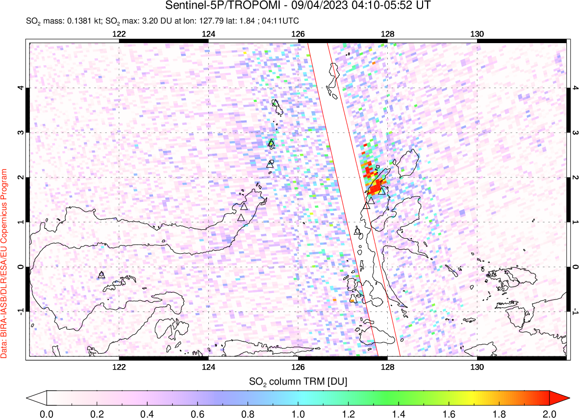 A sulfur dioxide image over Northern Sulawesi & Halmahera, Indonesia on Sep 04, 2023.