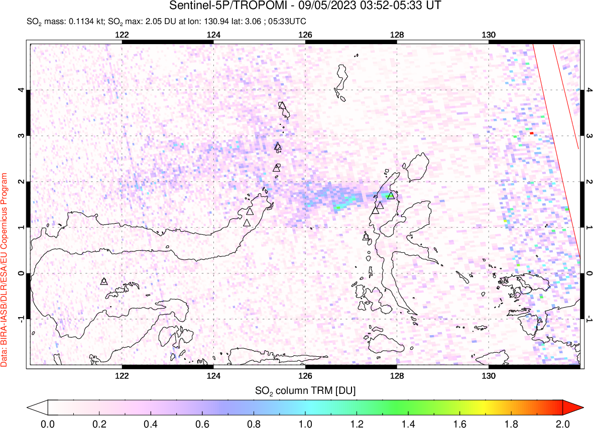 A sulfur dioxide image over Northern Sulawesi & Halmahera, Indonesia on Sep 05, 2023.