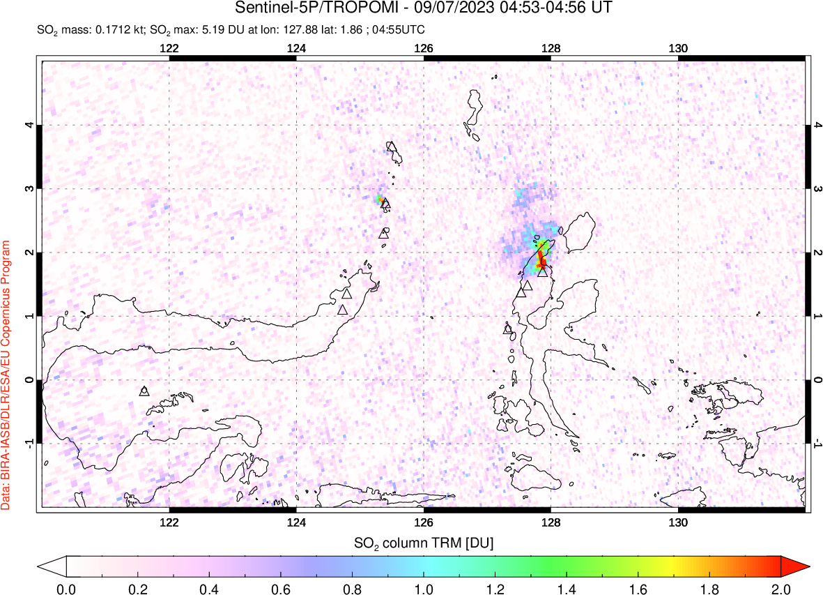 A sulfur dioxide image over Northern Sulawesi & Halmahera, Indonesia on Sep 07, 2023.