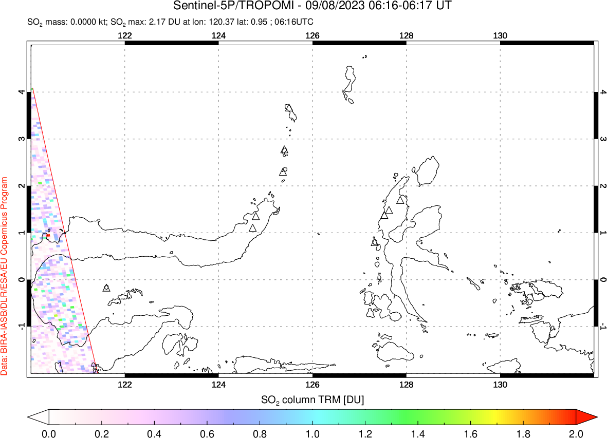 A sulfur dioxide image over Northern Sulawesi & Halmahera, Indonesia on Sep 08, 2023.