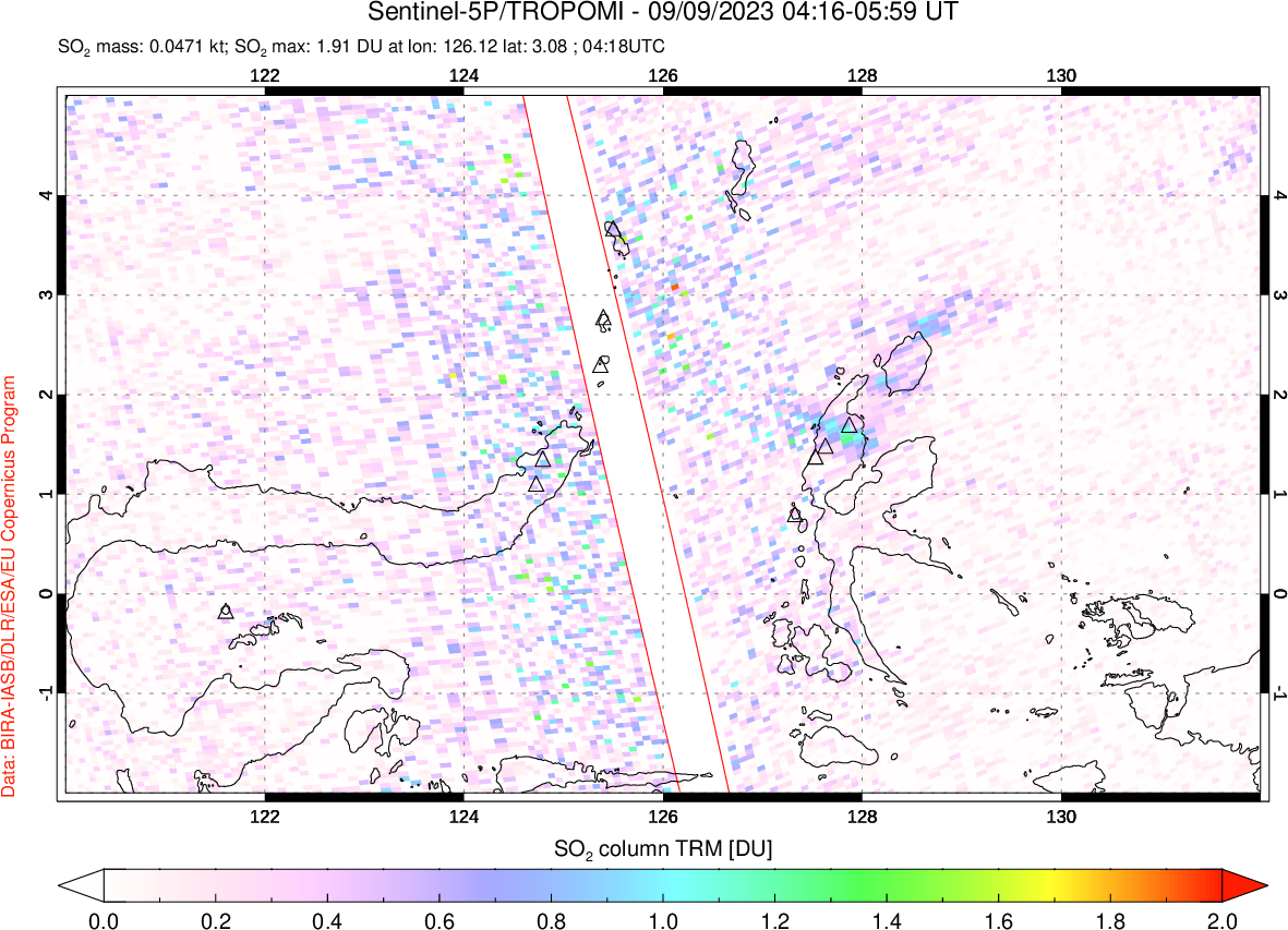 A sulfur dioxide image over Northern Sulawesi & Halmahera, Indonesia on Sep 09, 2023.