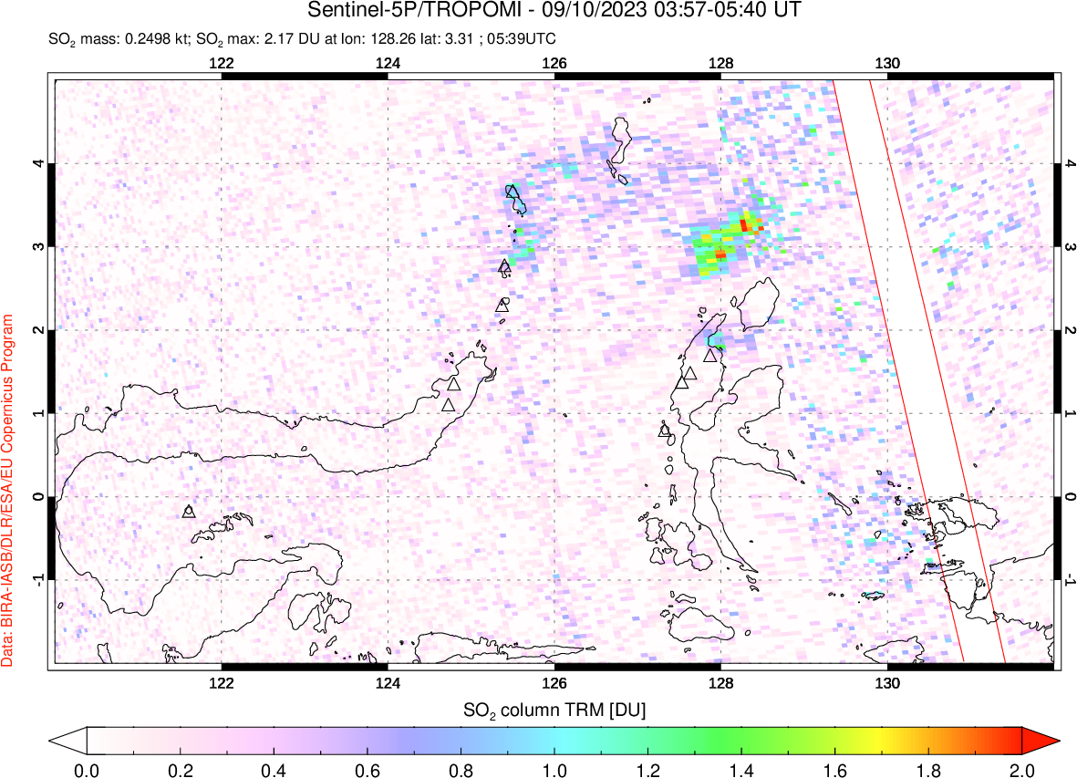 A sulfur dioxide image over Northern Sulawesi & Halmahera, Indonesia on Sep 10, 2023.