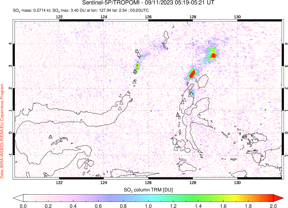 A sulfur dioxide image over Northern Sulawesi & Halmahera, Indonesia on Sep 11, 2023.