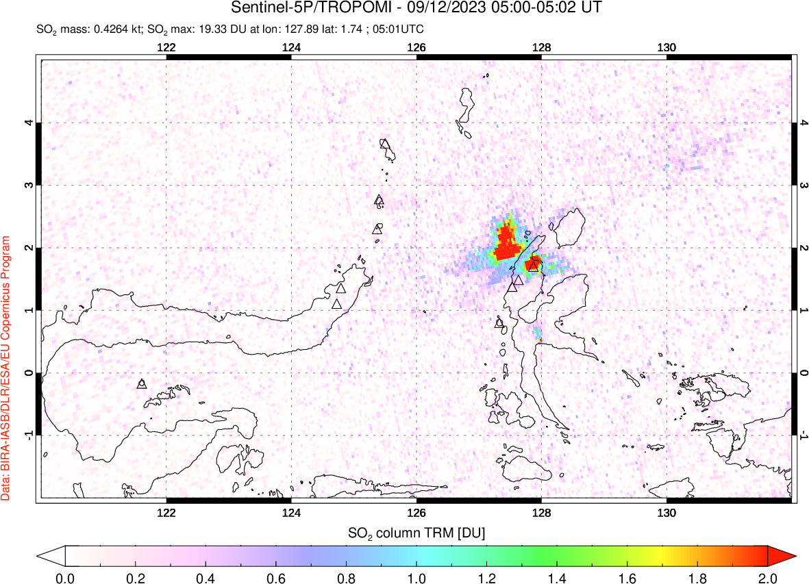 A sulfur dioxide image over Northern Sulawesi & Halmahera, Indonesia on Sep 12, 2023.