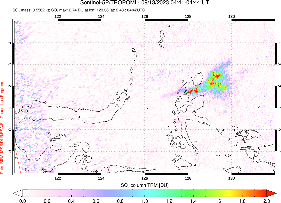 A sulfur dioxide image over Northern Sulawesi & Halmahera, Indonesia on Sep 13, 2023.