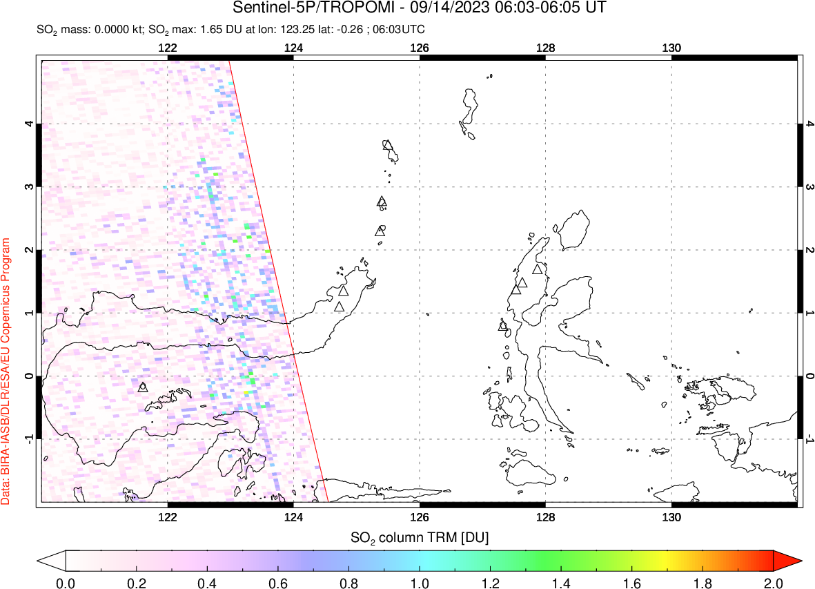 A sulfur dioxide image over Northern Sulawesi & Halmahera, Indonesia on Sep 14, 2023.