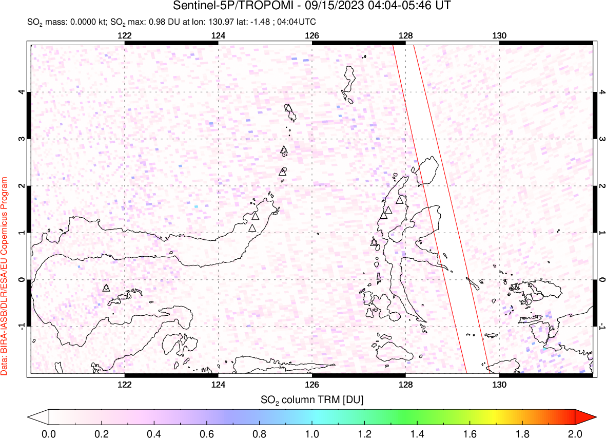 A sulfur dioxide image over Northern Sulawesi & Halmahera, Indonesia on Sep 15, 2023.