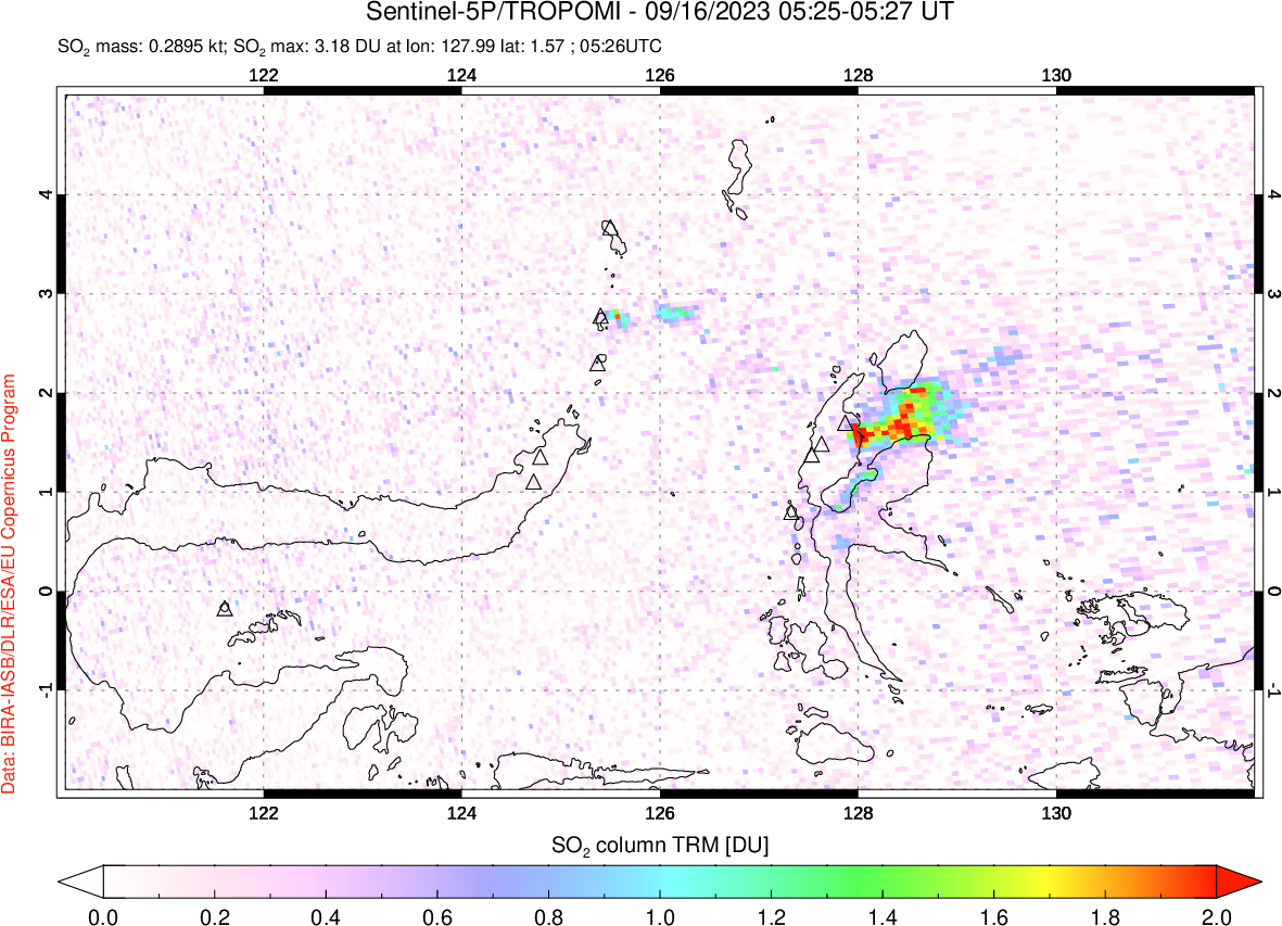 A sulfur dioxide image over Northern Sulawesi & Halmahera, Indonesia on Sep 16, 2023.