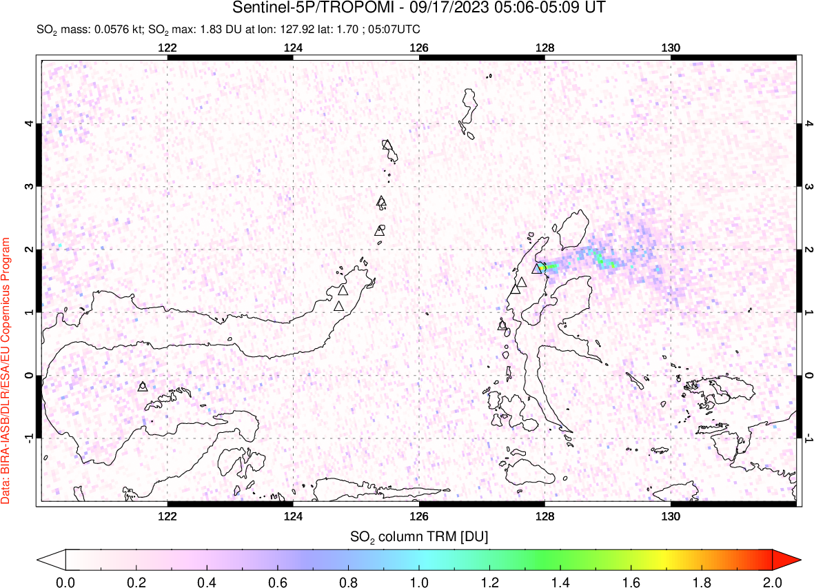 A sulfur dioxide image over Northern Sulawesi & Halmahera, Indonesia on Sep 17, 2023.