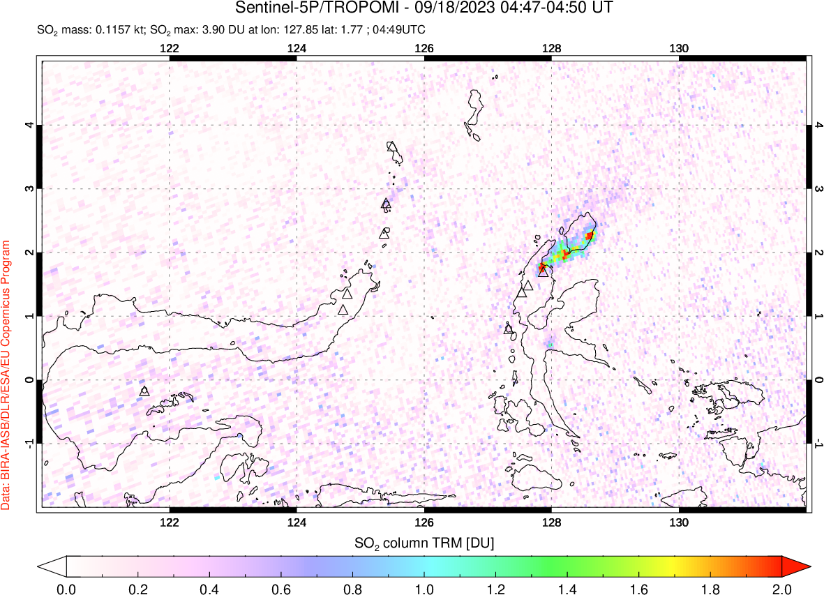 A sulfur dioxide image over Northern Sulawesi & Halmahera, Indonesia on Sep 18, 2023.