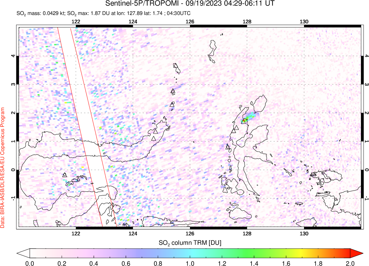 A sulfur dioxide image over Northern Sulawesi & Halmahera, Indonesia on Sep 19, 2023.