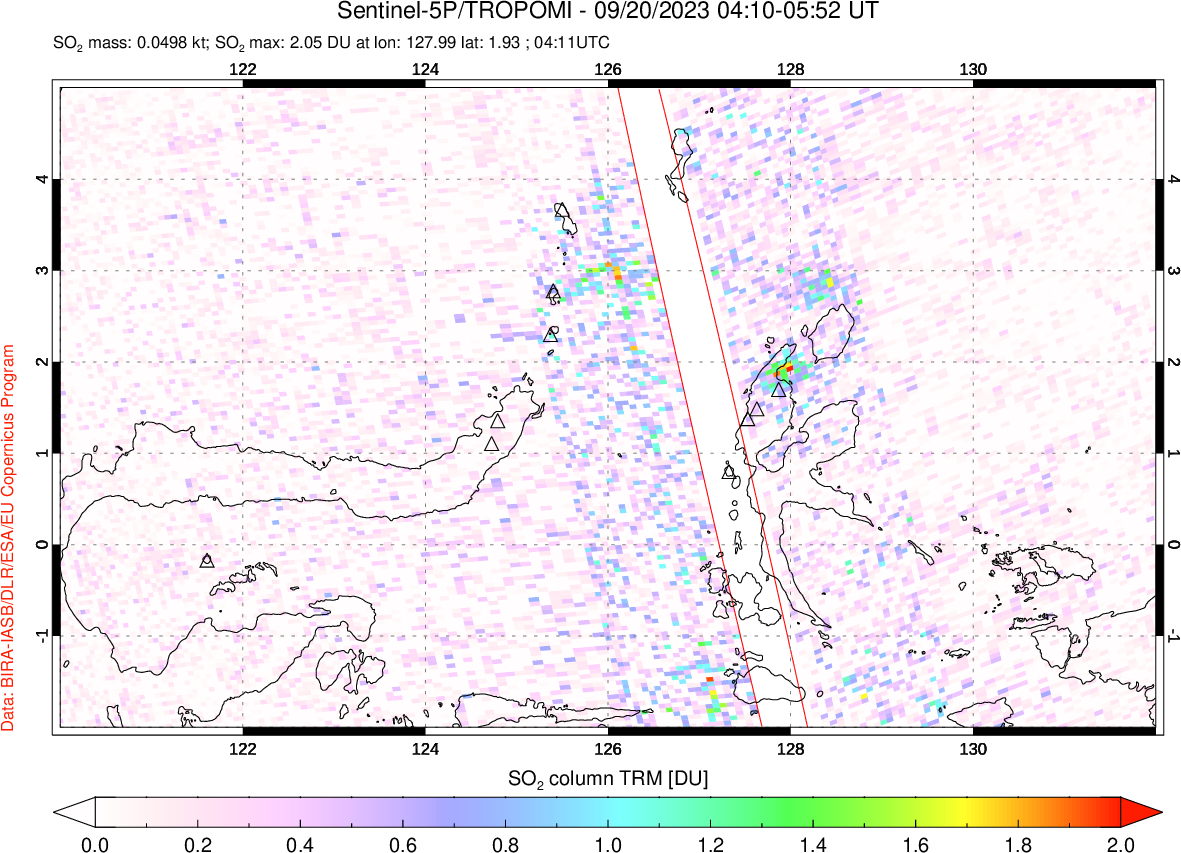 A sulfur dioxide image over Northern Sulawesi & Halmahera, Indonesia on Sep 20, 2023.