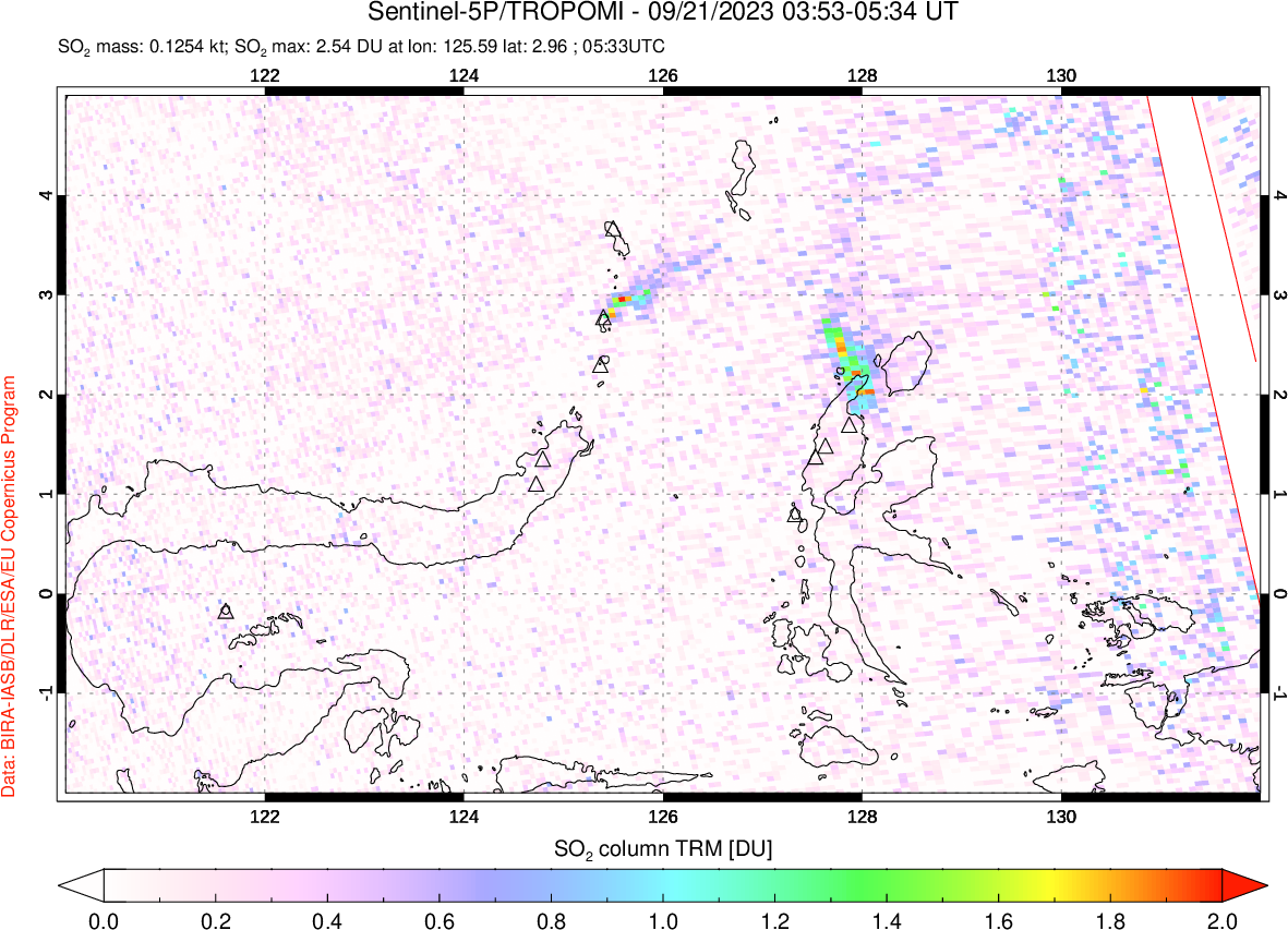 A sulfur dioxide image over Northern Sulawesi & Halmahera, Indonesia on Sep 21, 2023.