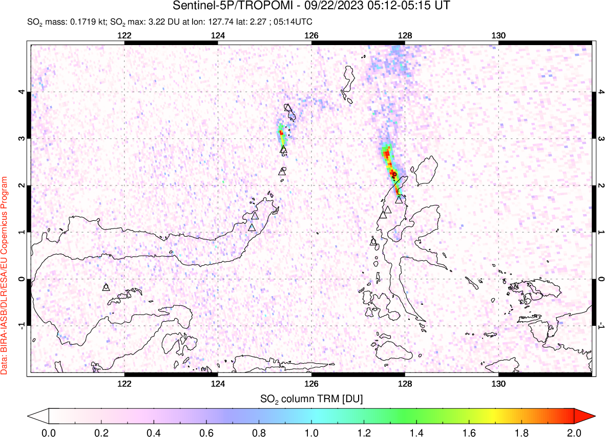 A sulfur dioxide image over Northern Sulawesi & Halmahera, Indonesia on Sep 22, 2023.