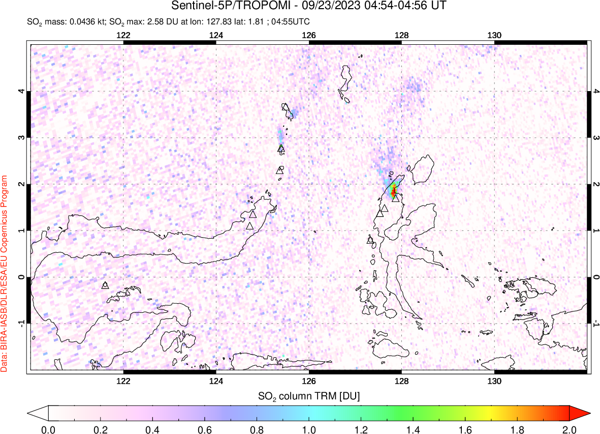 A sulfur dioxide image over Northern Sulawesi & Halmahera, Indonesia on Sep 23, 2023.