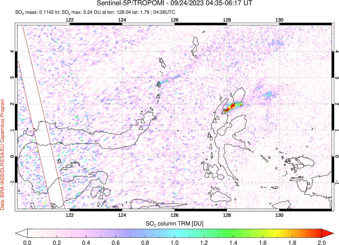 A sulfur dioxide image over Northern Sulawesi & Halmahera, Indonesia on Sep 24, 2023.