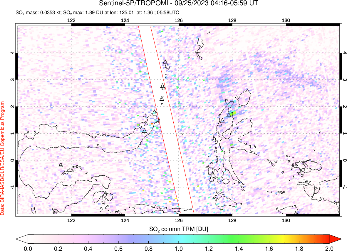 A sulfur dioxide image over Northern Sulawesi & Halmahera, Indonesia on Sep 25, 2023.