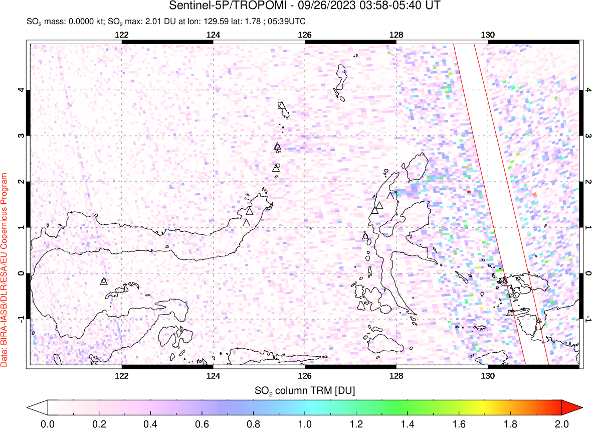 A sulfur dioxide image over Northern Sulawesi & Halmahera, Indonesia on Sep 26, 2023.