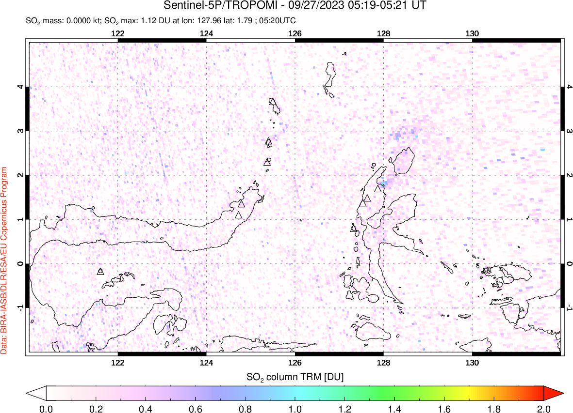 A sulfur dioxide image over Northern Sulawesi & Halmahera, Indonesia on Sep 27, 2023.