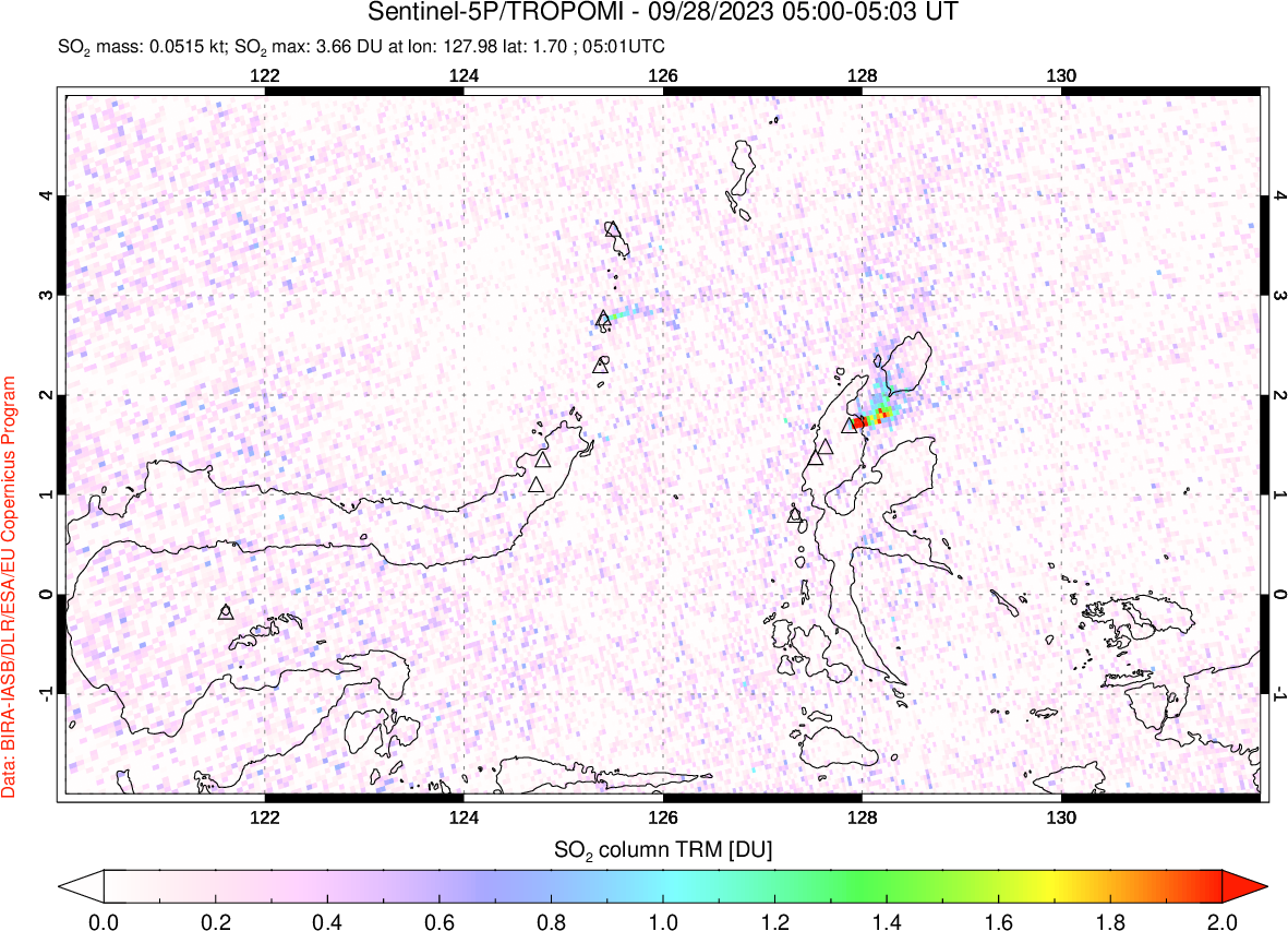 A sulfur dioxide image over Northern Sulawesi & Halmahera, Indonesia on Sep 28, 2023.