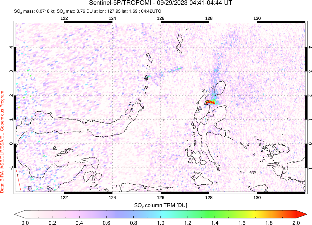 A sulfur dioxide image over Northern Sulawesi & Halmahera, Indonesia on Sep 29, 2023.