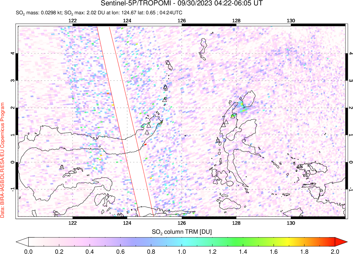 A sulfur dioxide image over Northern Sulawesi & Halmahera, Indonesia on Sep 30, 2023.