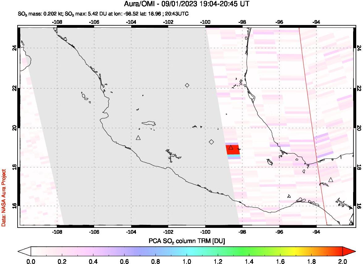 A sulfur dioxide image over Mexico on Sep 01, 2023.