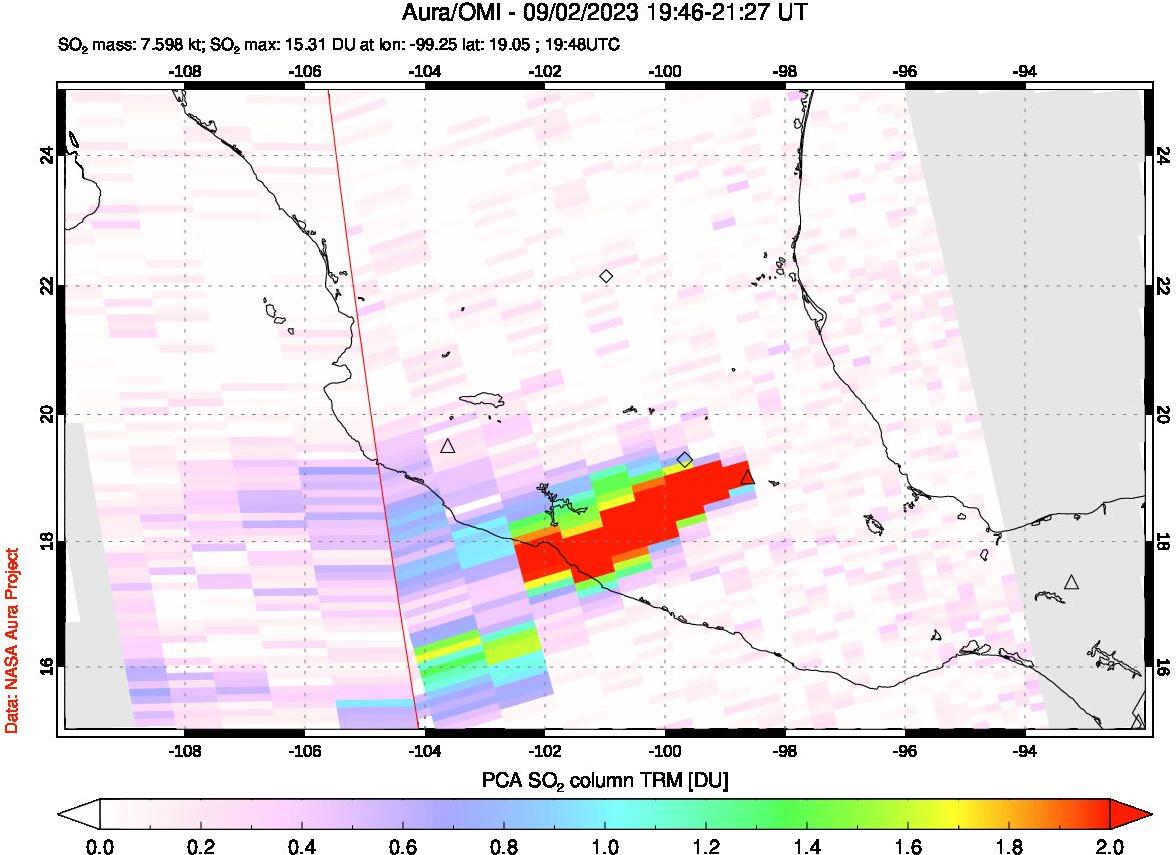 A sulfur dioxide image over Mexico on Sep 02, 2023.