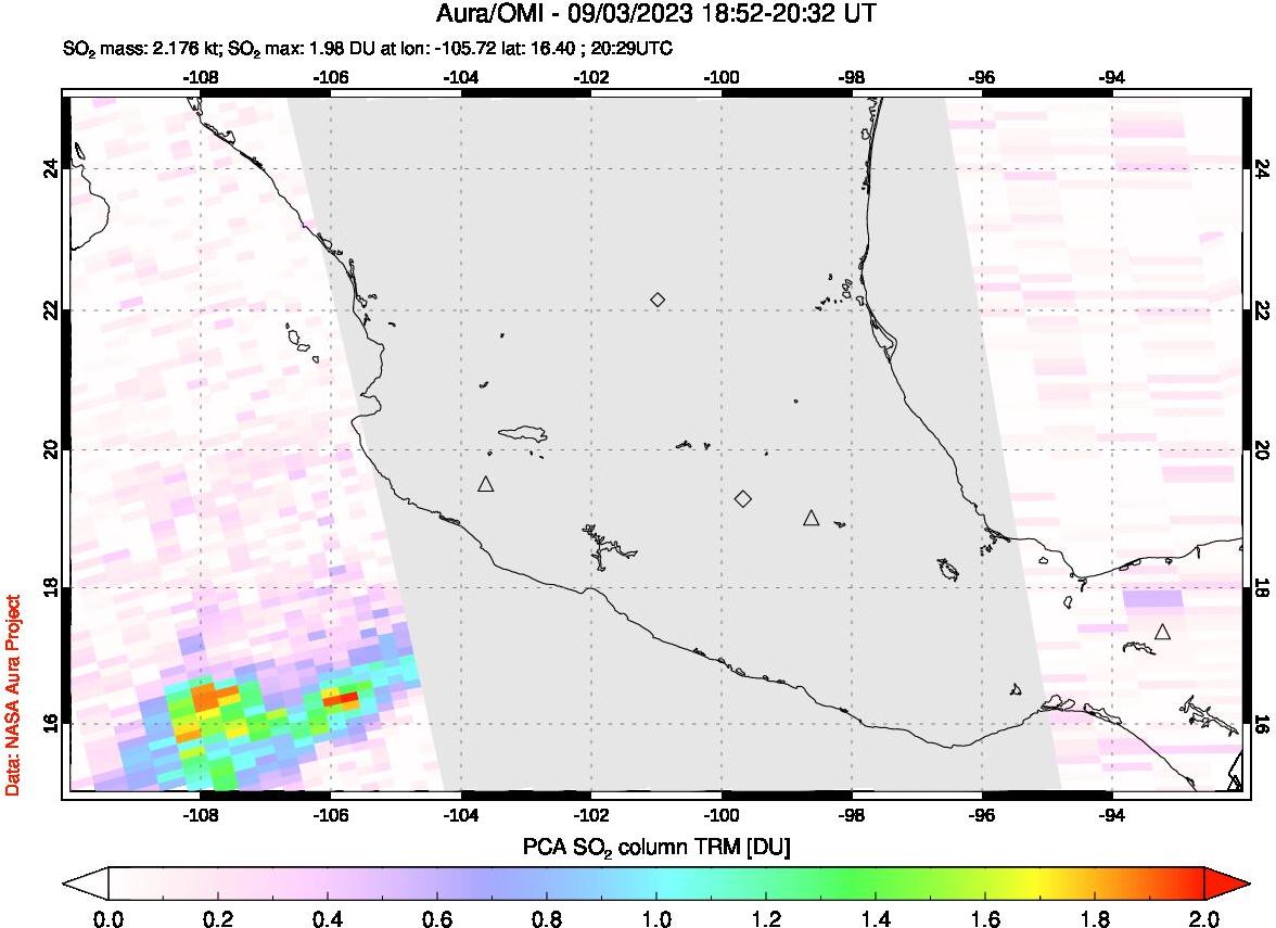A sulfur dioxide image over Mexico on Sep 03, 2023.