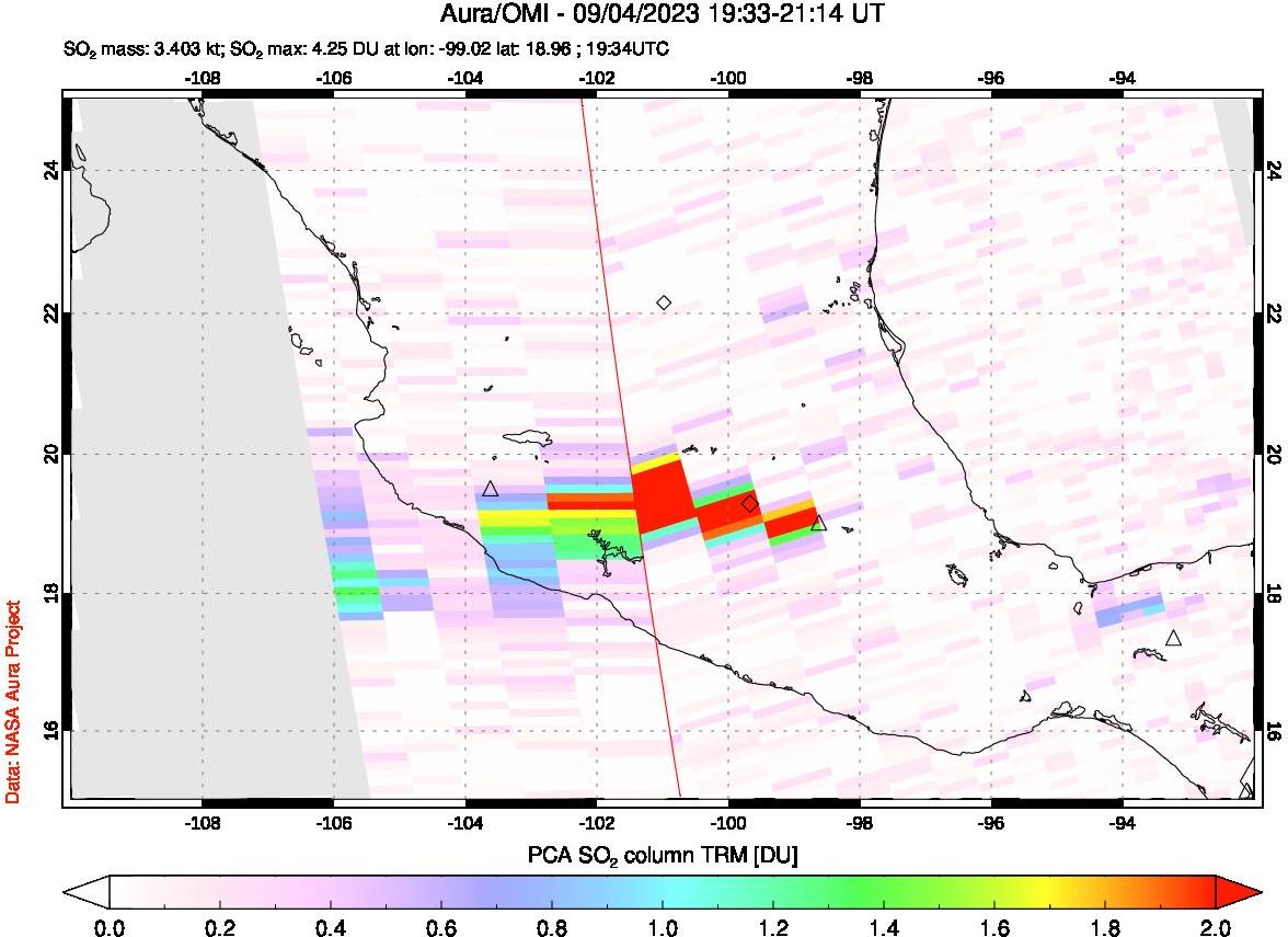A sulfur dioxide image over Mexico on Sep 04, 2023.
