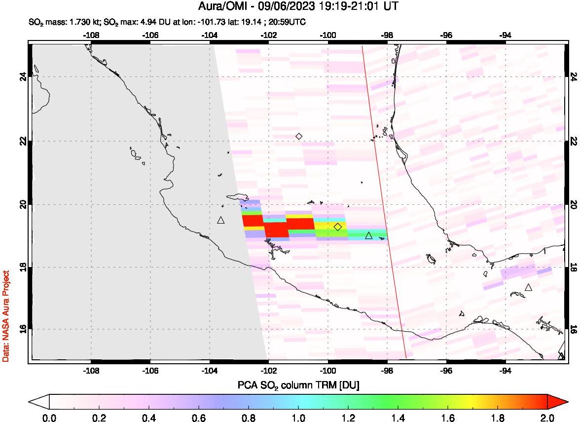 A sulfur dioxide image over Mexico on Sep 06, 2023.
