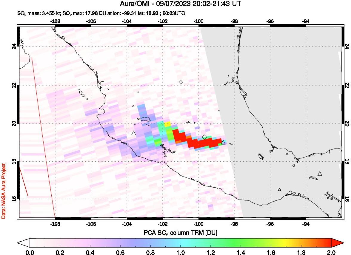 A sulfur dioxide image over Mexico on Sep 07, 2023.