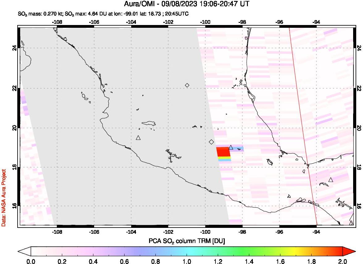 A sulfur dioxide image over Mexico on Sep 08, 2023.