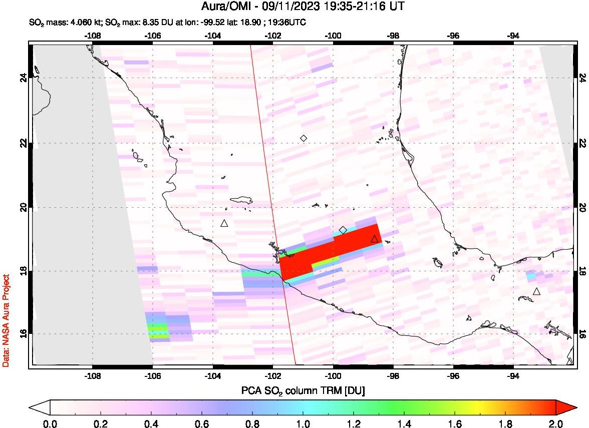 A sulfur dioxide image over Mexico on Sep 11, 2023.