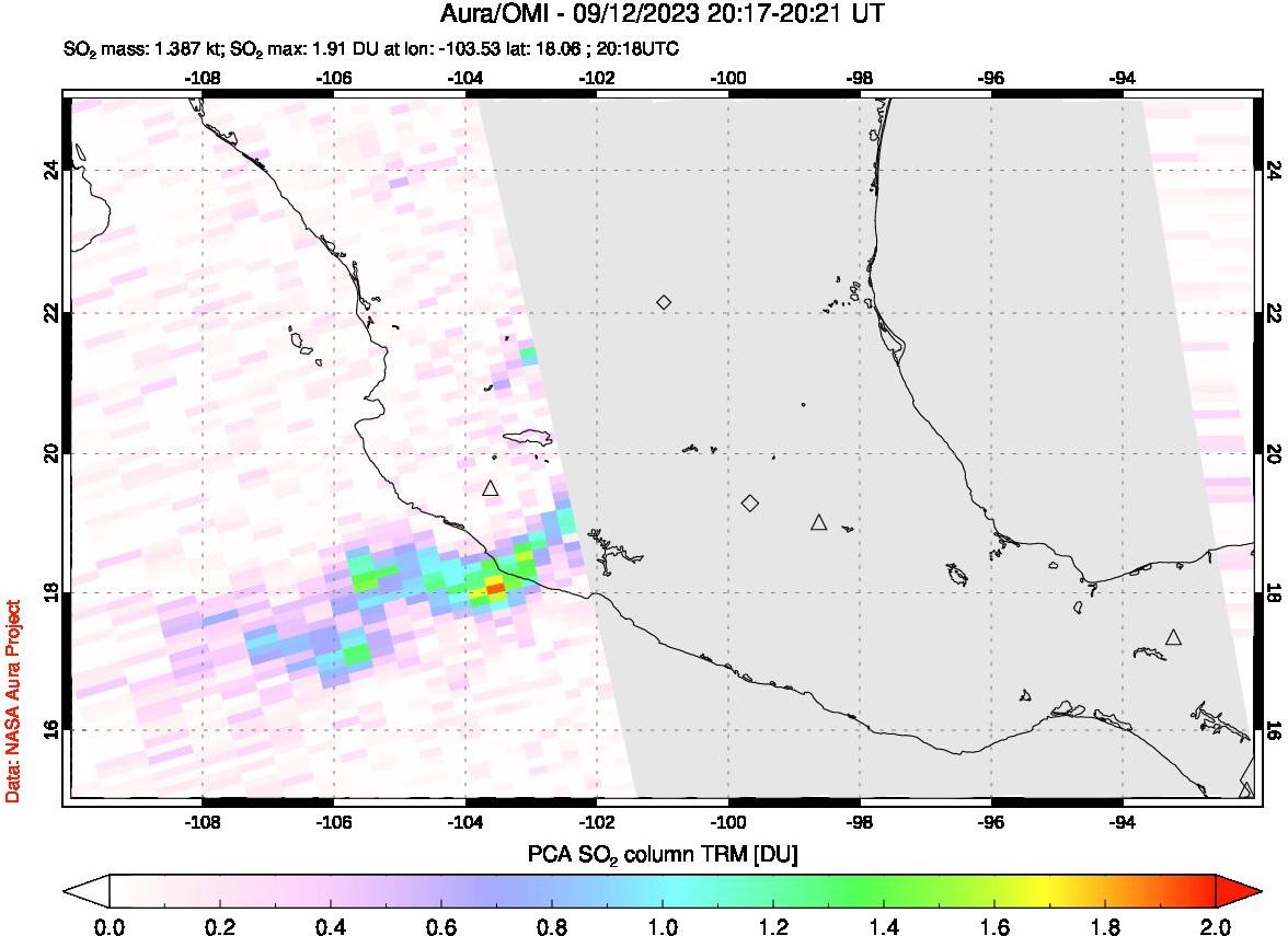 A sulfur dioxide image over Mexico on Sep 12, 2023.
