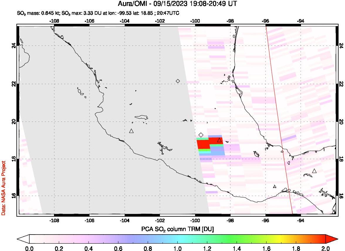 A sulfur dioxide image over Mexico on Sep 15, 2023.