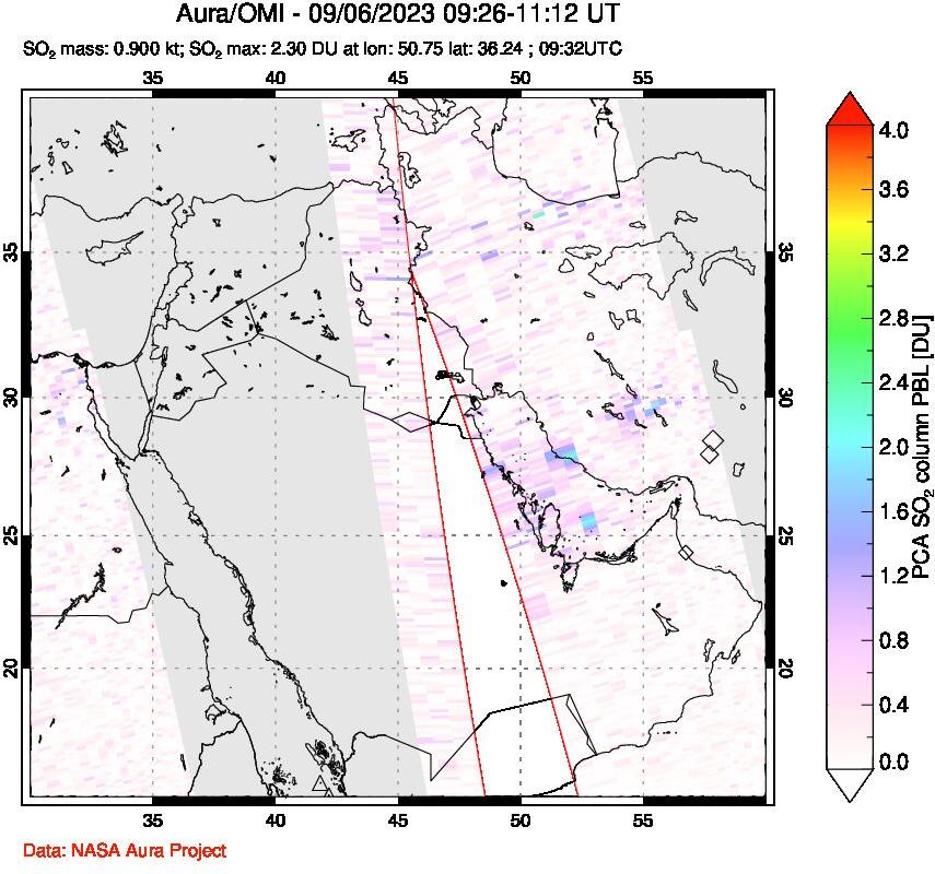 A sulfur dioxide image over Middle East on Sep 06, 2023.