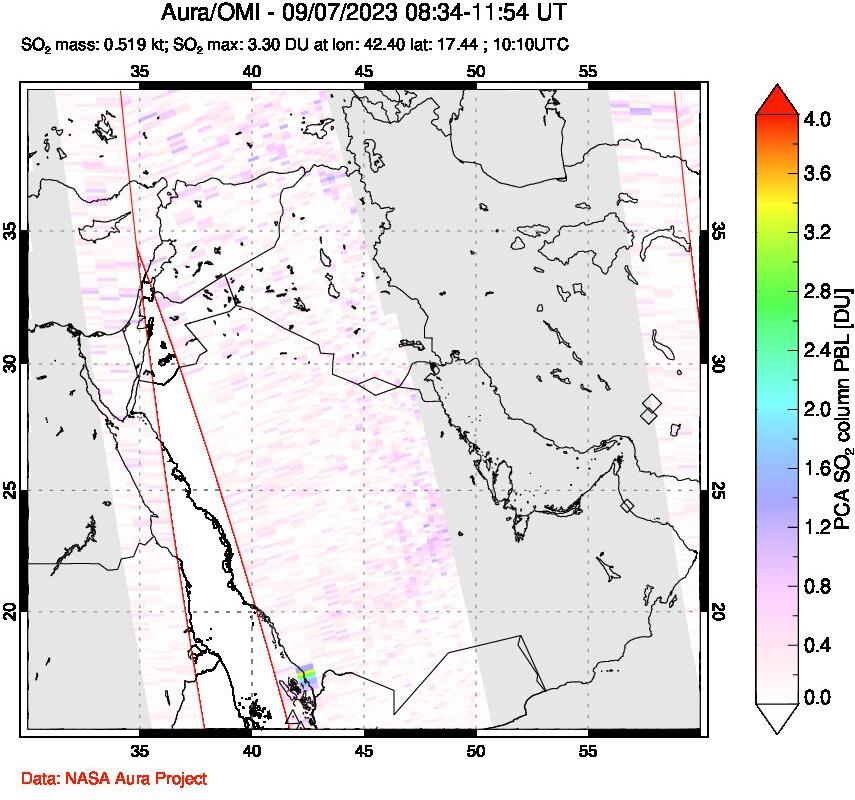 A sulfur dioxide image over Middle East on Sep 07, 2023.