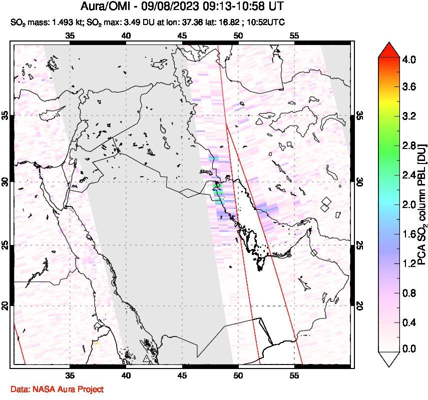 A sulfur dioxide image over Middle East on Sep 08, 2023.